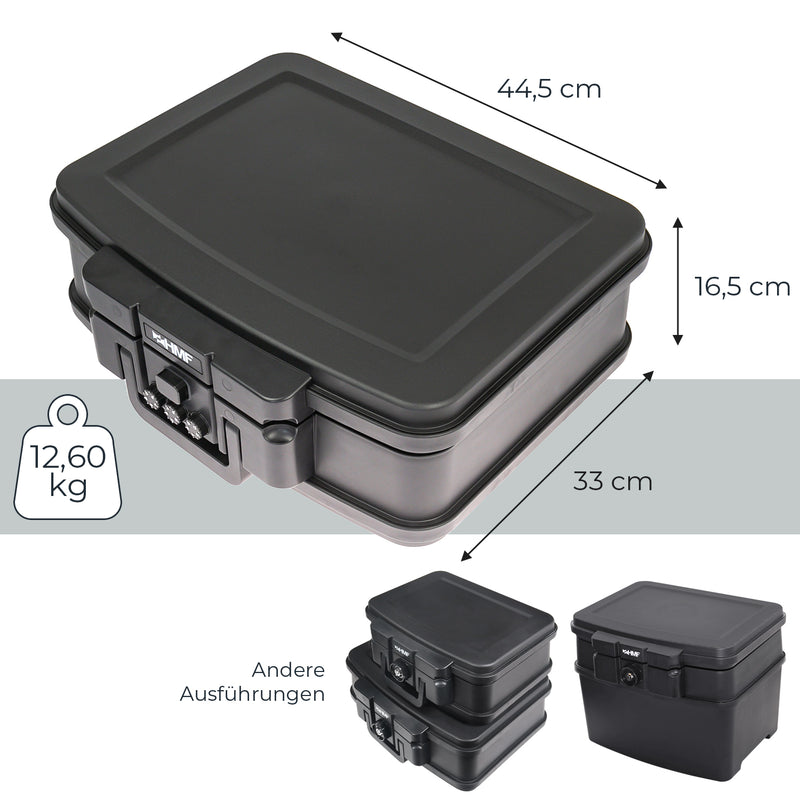Feuerfeste und wasserdichte Dokumentenbox mit Zahlenschloss von HMF im DIN A4 in Schwarz