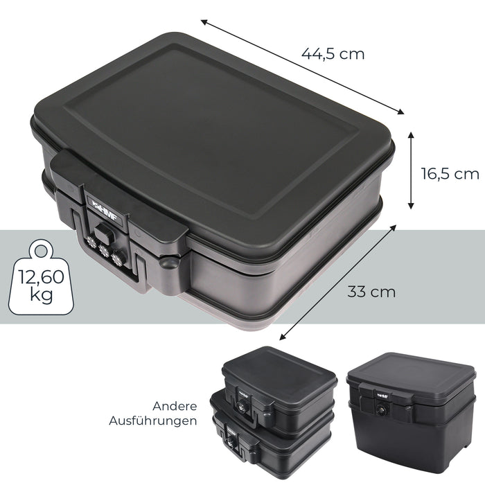 Feuerfeste und wasserdichte Dokumentenbox mit Zahlenschloss von HMF im DIN A4 in Schwarz