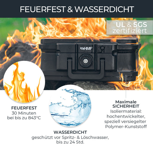 Feuerfeste und wasserdichte Dokumentenbox von HMF in DIN A4 in Schwarz