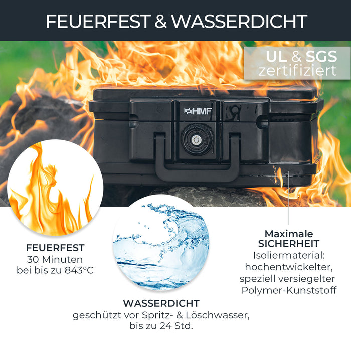 Feuerfeste und wasserdichte Dokumentenbox von HMF in DIN A4 in Schwarz