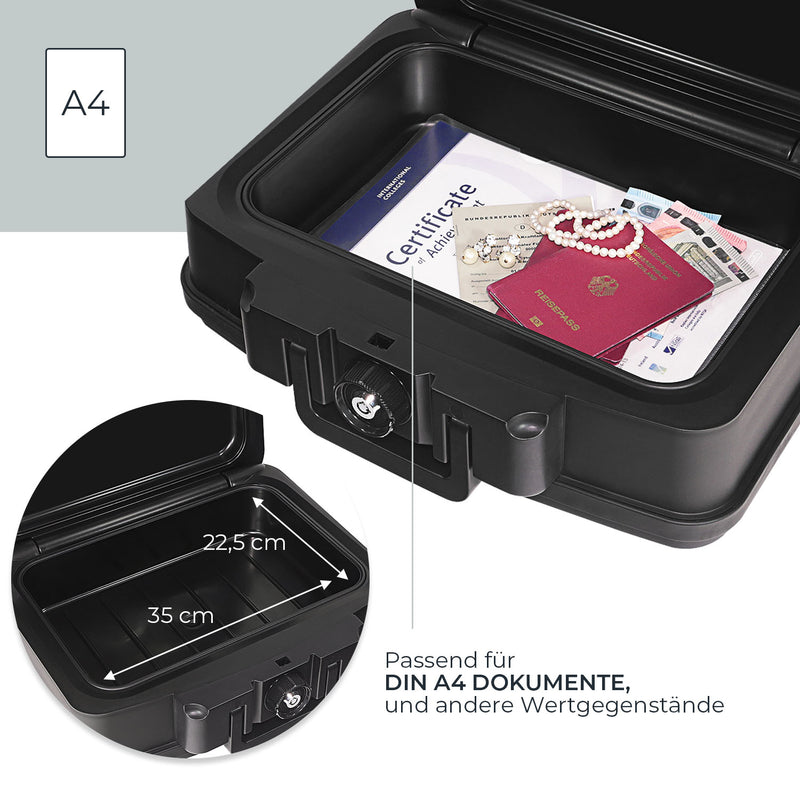 Feuerfeste Wasserdichte Dokumentenbox, HMF 250452, DIN A4, Schwarz