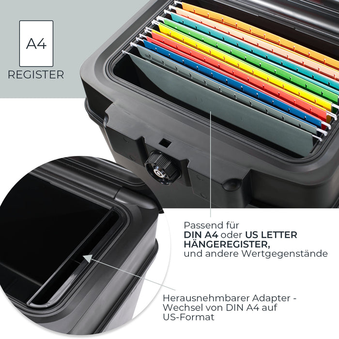 Feuerfeste und wasserdichte Dokumentenbox von HMF in DIN A4 Register in Schwarz