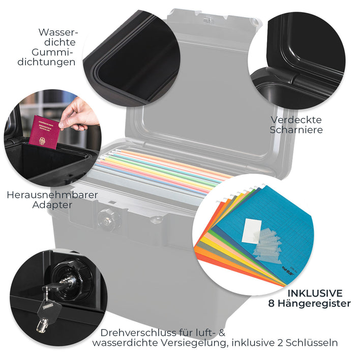 Feuerfeste und wasserdichte Dokumentenbox von HMF in DIN A4 Register in Schwarz