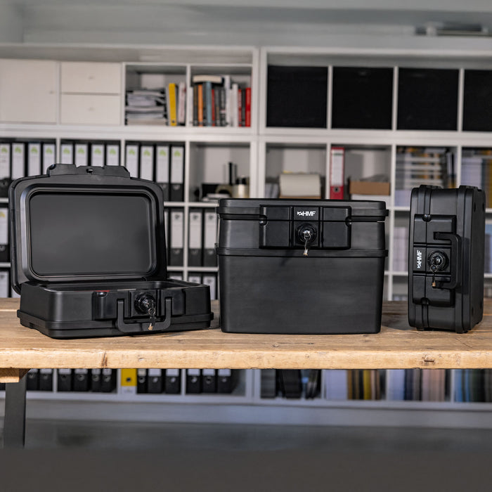 Feuerfeste und wasserdichte Dokumentenbox von HMF in DIN A4 Register in Schwarz