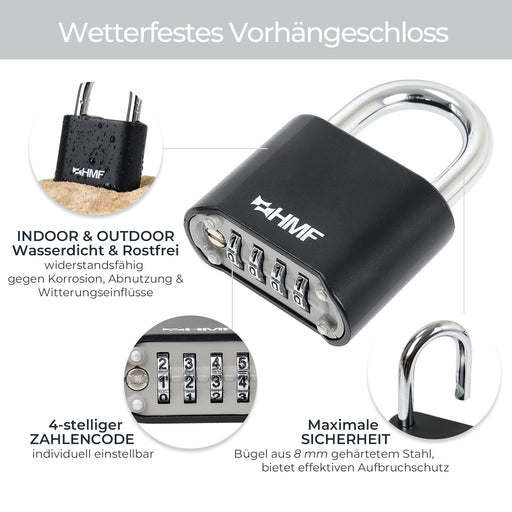 HMF Zahlenschloss Vorhängeschloss mit 4-stelligem Zahlencode in Schwarz