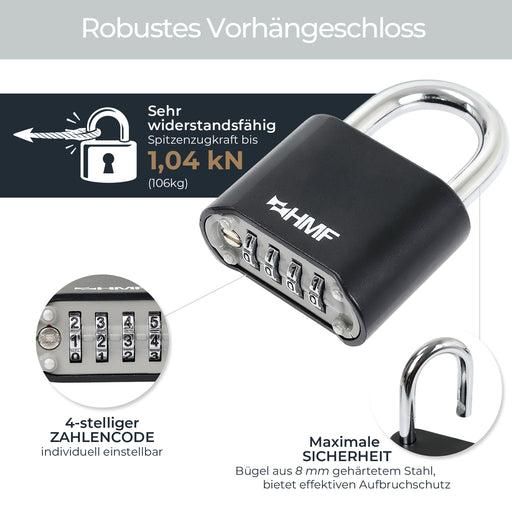 HMF Zahlenschloss Vorhängeschloss mit 4-stelligem Zahlencode in Schwarz