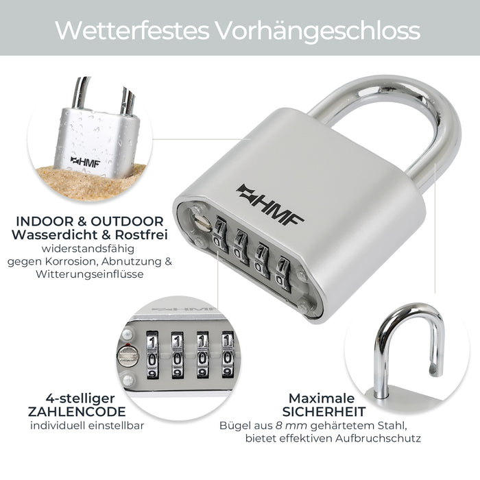 HMF Zahlenschloss Vorhängeschloss mit 4-stelligem Zahlencode in Silber