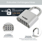 HMF Zahlenschloss Vorhängeschloss 3507-09, robustes Schloss mit 4-stelligem Zahlencode aus Zinklegierung | 5,3 x 2,4 x 7,8 cm | Silber