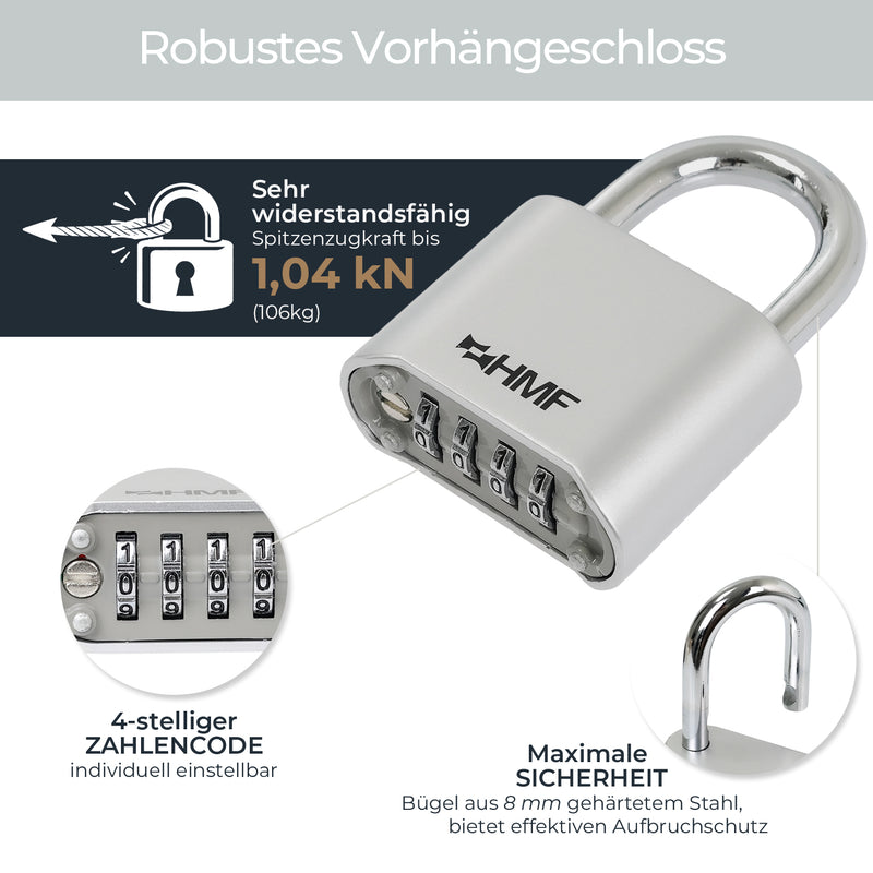 HMF Zahlenschloss Vorhängeschloss 3507-09, robustes Schloss mit 4-stelligem Zahlencode aus Zinklegierung | 5,3 x 2,4 x 7,8 cm | Silber