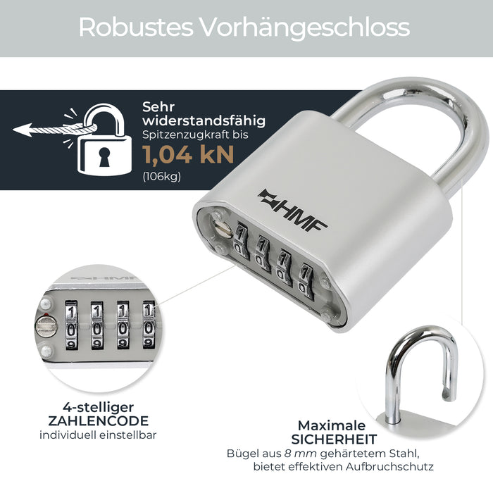 HMF Zahlenschloss Vorhängeschloss 3507-09, robustes Schloss mit 4-stelligem Zahlencode aus Zinklegierung | 5,3 x 2,4 x 7,8 cm | Silber