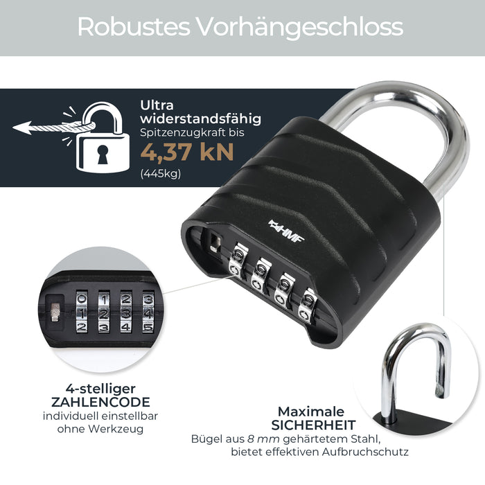 HMF 3508-02, Zahlenschloss Vorhängeschloss, robustes Schloss mit 4-stelligem Zahlencode aus Aluminiumlegierung