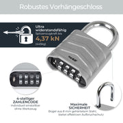 HMF 3508-09, Zahlenschloss Vorhängeschloss, robustes Schloss mit 4-stelligem Zahlencode aus Aluminiumlegierung