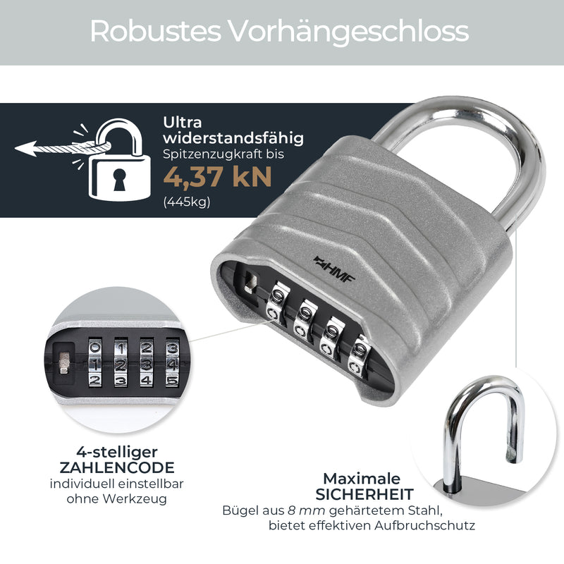 HMF 3508-09, Zahlenschloss Vorhängeschloss, robustes Schloss mit 4-stelligem Zahlencode aus Aluminiumlegierung