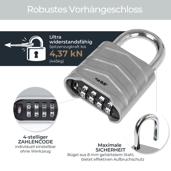 HMF 3508-09, Zahlenschloss Vorhängeschloss, robustes Schloss mit 4-stelligem Zahlencode aus Aluminiumlegierung