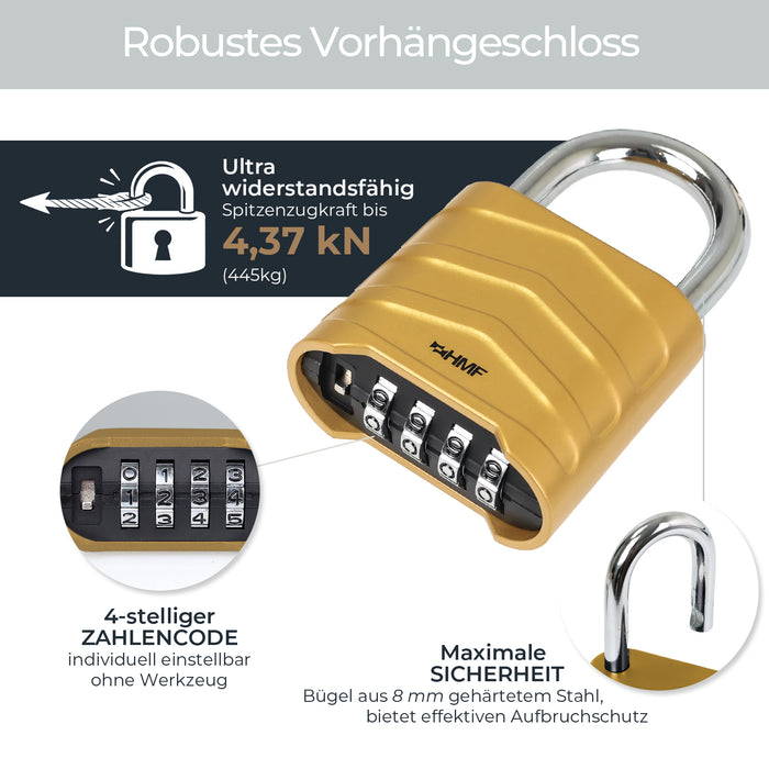 HMF 3508-23, Zahlenschloss Vorhängeschloss, robustes Schloss mit 4-stelligem Zahlencode aus Aluminiumlegierung