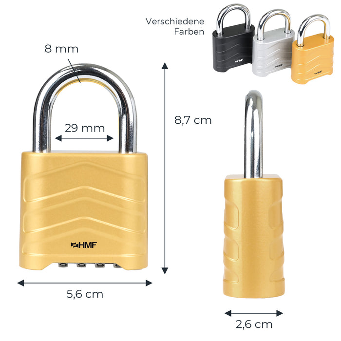 HMF 3508-23, Zahlenschloss Vorhängeschloss, robustes Schloss mit 4-stelligem Zahlencode aus Aluminiumlegierung