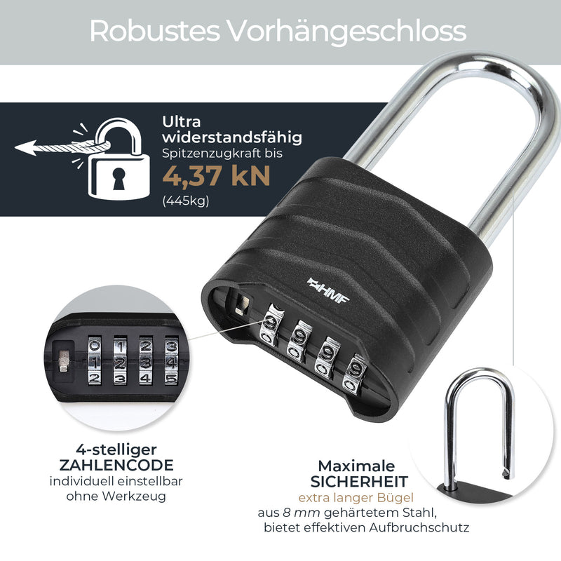 HMF 3509-02, Zahlenschloss Vorhängeschloss mit hohem Bügel, Schloss mit 4-stelligem Zahlencode aus Aluminiumlegierung