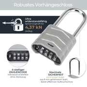 HMF 3509-09, Zahlenschloss Vorhängeschloss mit hohem Bügel, Schloss mit 4-stelligem Zahlencode aus Aluminiumlegierung