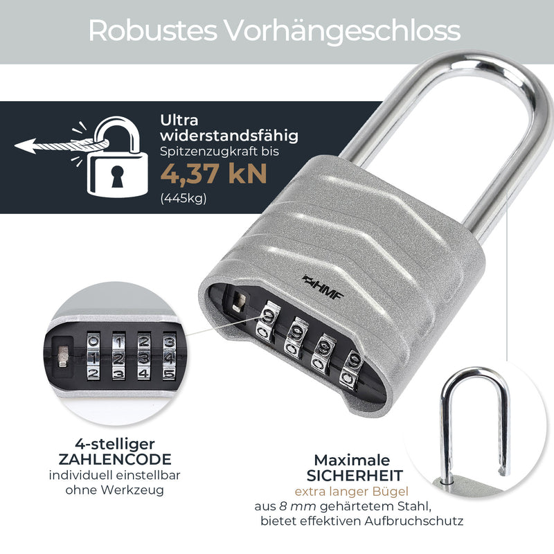 HMF 3509-09, Zahlenschloss Vorhängeschloss mit hohem Bügel, Schloss mit 4-stelligem Zahlencode aus Aluminiumlegierung