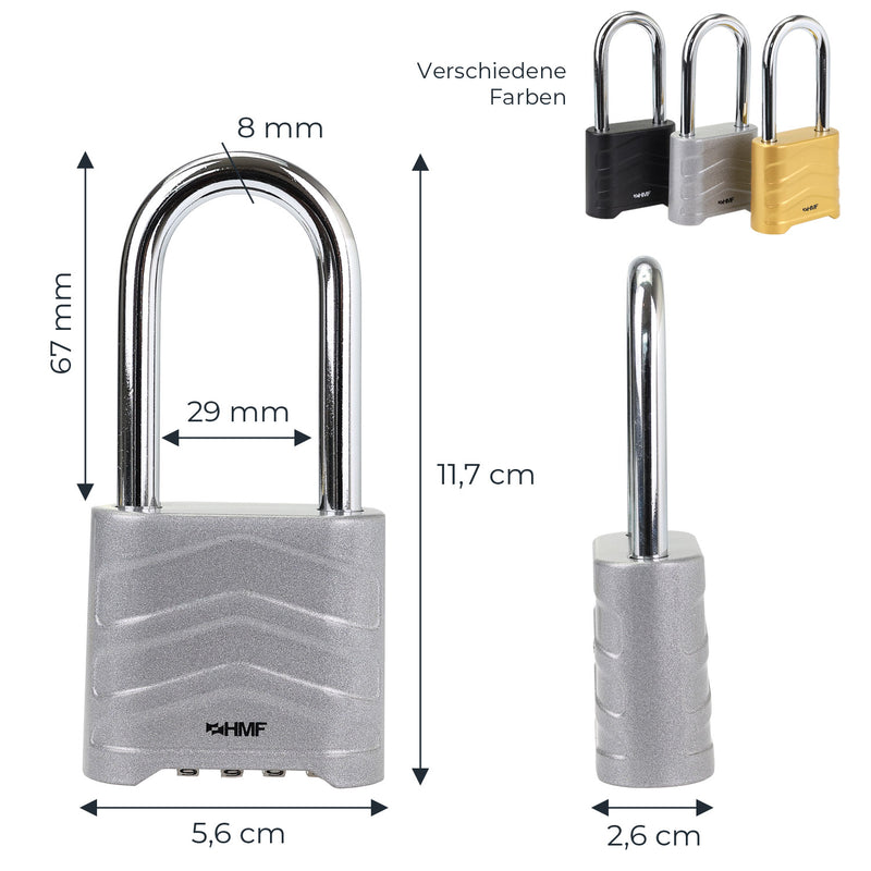 HMF 3509-09, Zahlenschloss Vorhängeschloss mit hohem Bügel, Schloss mit 4-stelligem Zahlencode aus Aluminiumlegierung