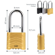HMF 3509-23, Zahlenschloss Vorhängeschloss mit hohem Bügel, Schloss mit 4-stelligem Zahlencode aus Aluminiumlegierung