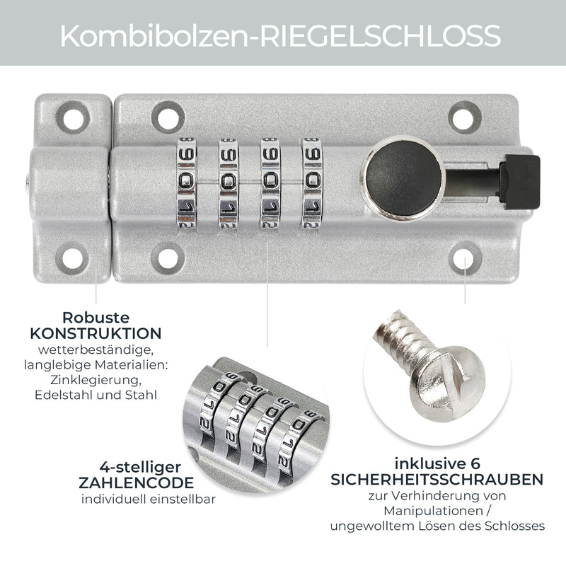 Riegelschloss mit 4-stelligem Zahlencode 12,2 x 4 x 4,8 cm in Silber