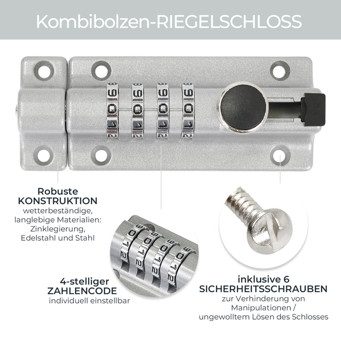Riegelschloss mit 4-stelligem Zahlencode 12,2 x 4 x 4,8 cm in Silber