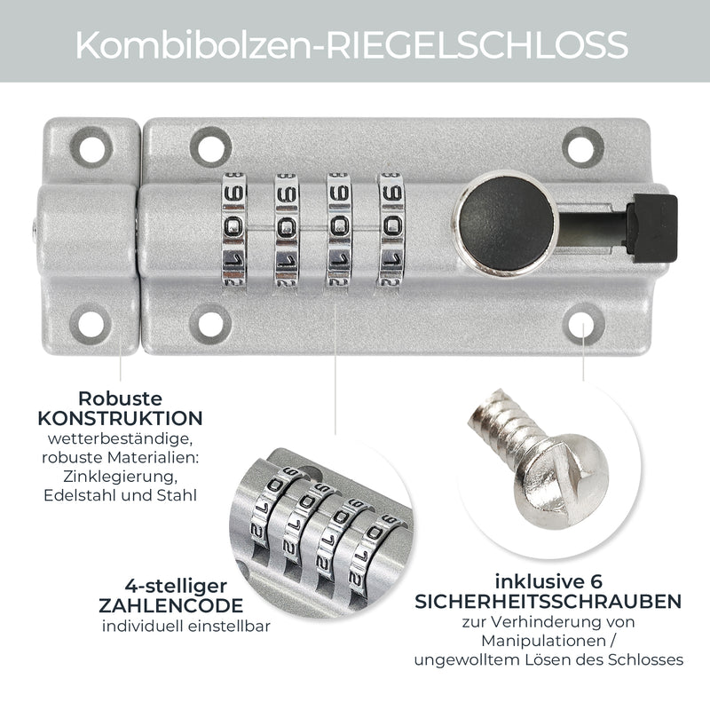Riegelschloss mit 4-stelligem Zahlencode 12,2 x 4 x 4,8 cm in Silber
