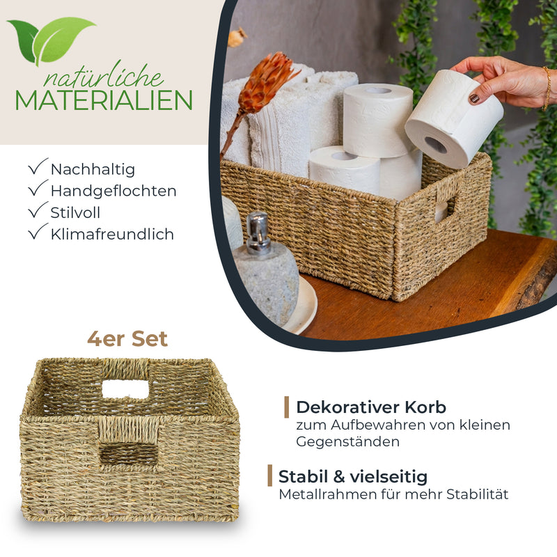 HMF Seegras Aufbewahrungskorb für KALLAX halbes Fach – mit Griffen, 2er Set, Natur —