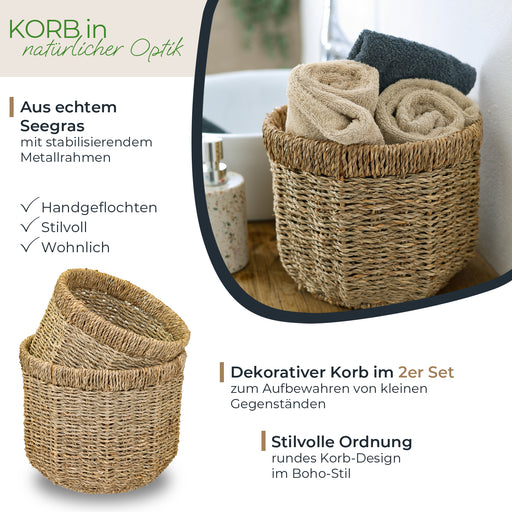 Aufbewahrungskorb geflochten aus Seegras im 2er Set Durchmesser 25 + 30 cm