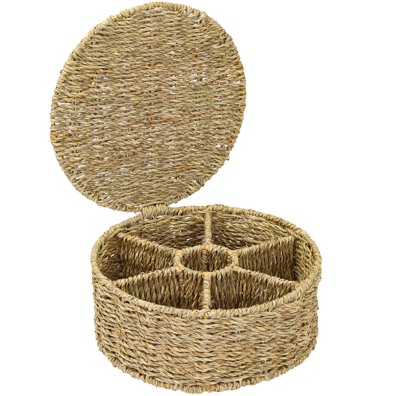 HMF 37291 Teebox für Teebeutel geflochten aus Seegras oder Wasserhyazinthe, Tee Aufbewahrungsbox mit 7 großen Fächern ,27 x 27 x 11 cm