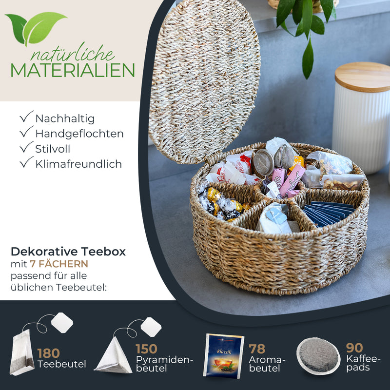HMF 37291 Teebox für Teebeutel geflochten aus Seegras oder Wasserhyazinthe, Tee Aufbewahrungsbox mit 7 großen Fächern ,27 x 27 x 11 cm