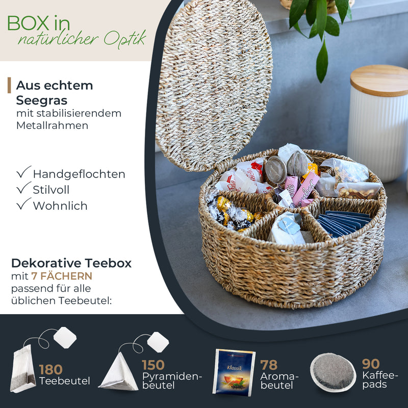 HMF 37291 Teebox für Teebeutel geflochten aus Seegras oder Wasserhyazinthe, Tee Aufbewahrungsbox mit 7 großen Fächern ,27 x 27 x 11 cm