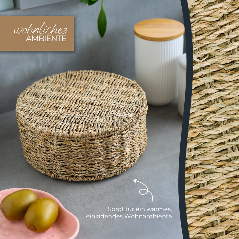HMF 37291 Teebox für Teebeutel geflochten aus Seegras oder Wasserhyazinthe, Tee Aufbewahrungsbox mit 7 großen Fächern ,27 x 27 x 11 cm