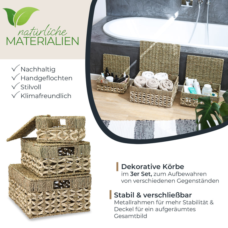 Aufbewahrungskorb mit Deckel, 3er-Set, Korb geflochten aus Wasserhyazinthe bei HMF kaufen. —