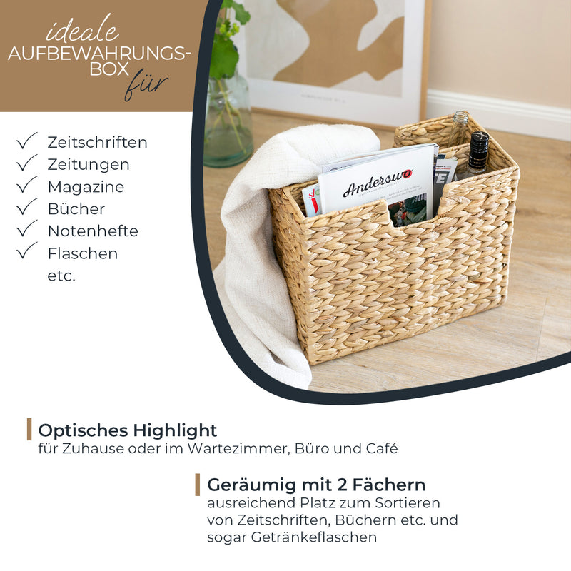 Zeitungsständer, Zeitungskorb geflochten aus Wasserhyazinthe, 2 Fächer, 40 x 20 x 33 cm —