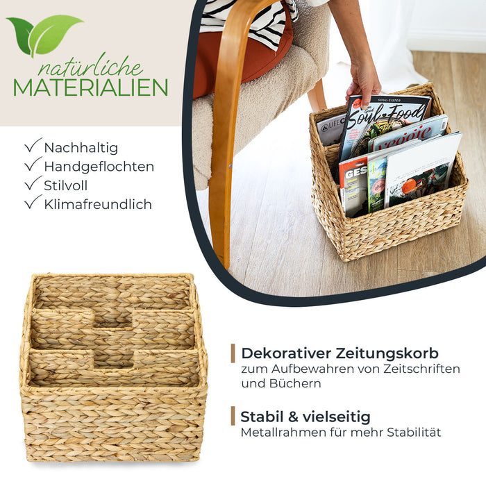 zeitschriften sammeln aufbewahren Zeitungsständer, Zeitungskorb geflochten aus Wasserhyazinthe, 2 Fächer, 40 x 20 x 33 cm