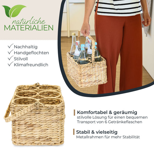 Flaschenträger für 6 Flaschen geflochten aus Wasserhyazinthe 33 x 22 x 18 cm