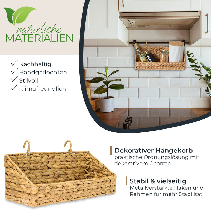 Hängekorb geflochten aus nachhaltiger Wasserhyazinthe Aufbewahrungskorb zum Aufhängen 40 x 15 x 15 cm