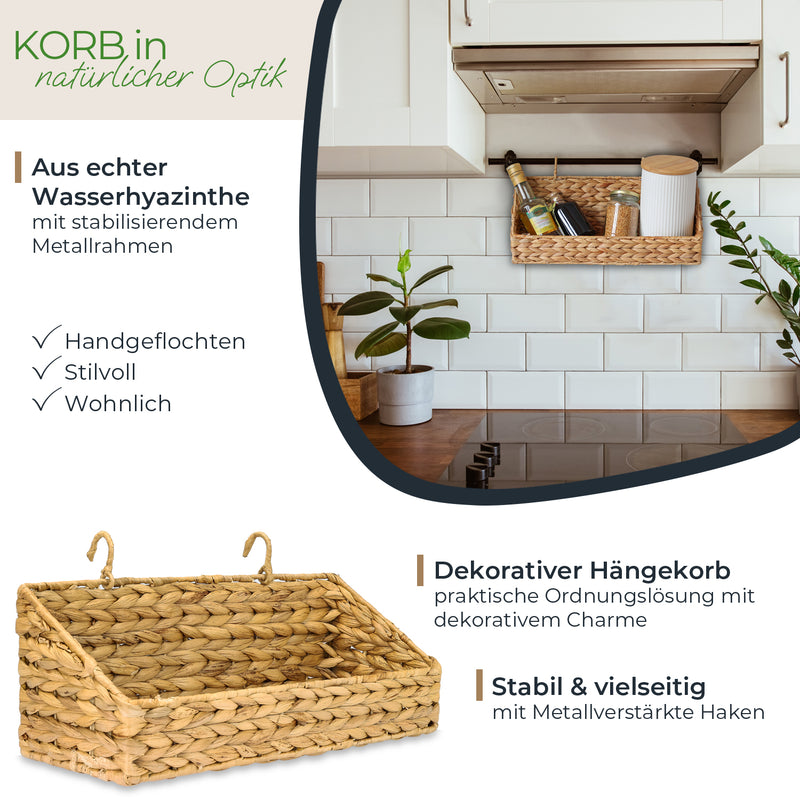 Hängekorb geflochten aus Wasserhyazinthe Aufbewahrungskorb zum Aufhängen 40 x 15 x 15 cm