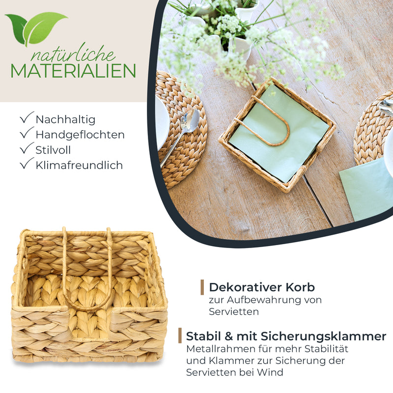 Serviettenhalter geflochten aus Wasserhyazinthe Serviettenständer mit Sicherungsklemme 19 x 19 x 8 cm —