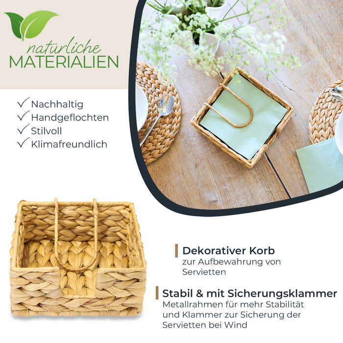 servietten aufbewahrung Serviettenhalter geflochten aus Wasserhyazinthe Serviettenständer mit Sicherungsklemme 19 x 19 x 8 cm