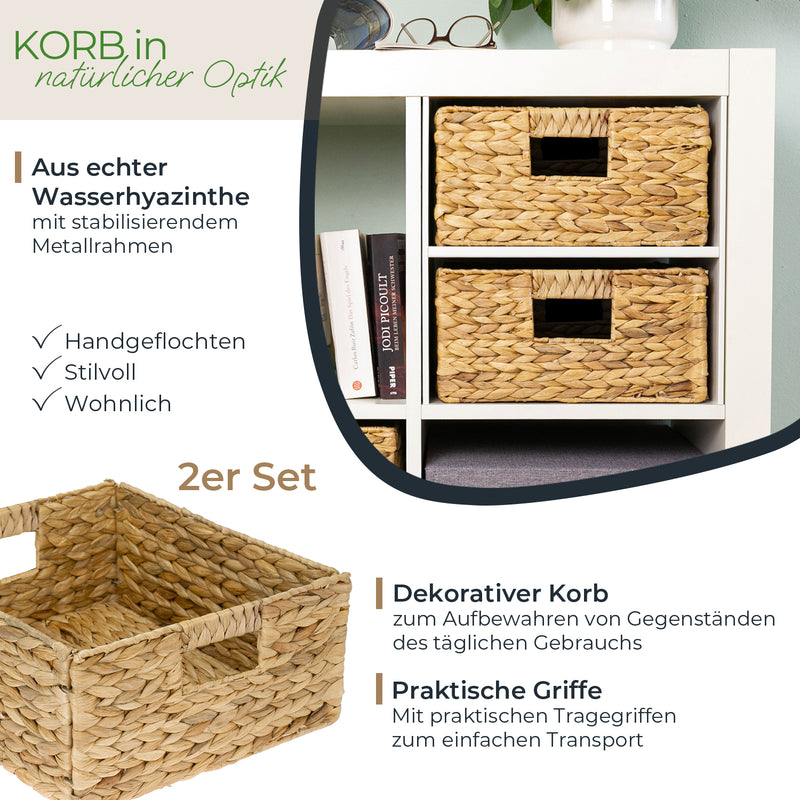 Aufbewahrungskorb geflochten aus Wasserhyazinthe Seegras 2er Set passend für Kallax HMF 37243-S2 30 x 34 x 15 cm