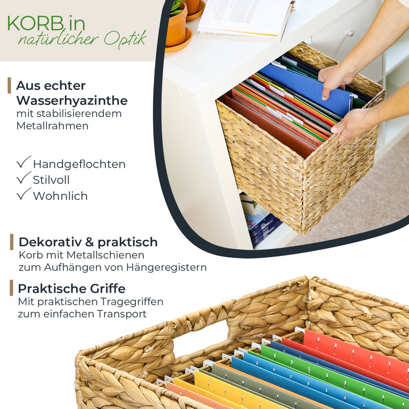 Aufbewahrungskorb für Hängeregister Korb geflochten aus Wasserhyazinthe passend für Kallax Regal