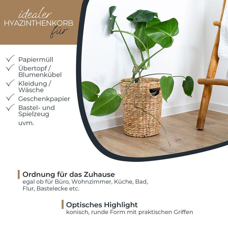 Papierkorb Büro, Aufbewahrungskorb mit Holzgriffen geflochten aus Wasserhyazinthe —