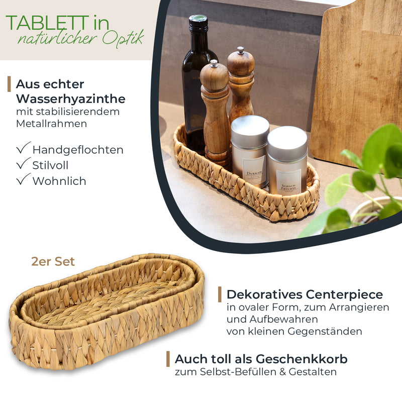 HMF 37261-S2 Deko Tablett oval geflochten aus Wasserhyazinthe, Geschenkkorb leer, 2er Set