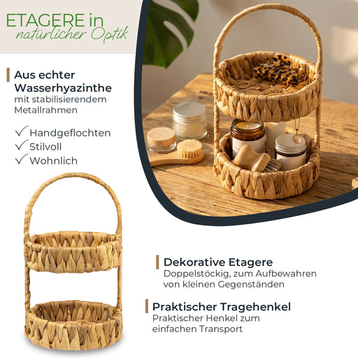 HMF Etagere mit 2 Etagen geflochten aus Wasserhyazinthe für Küche Badezimmer und Wohnbereich 30 x 17 x 17 cm in Natur
