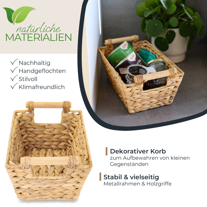 Aufbewahrungskorb mit Holzgriffen, Korb geflochten aus Wasserhyazinthe 37278-32CM —