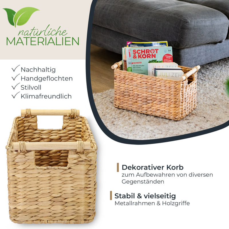 HMF 37279-37CM Aufbewahrungskorb Badezimmer, Korb geflochten aus Wasserhyazinthe mit Holzgriffen