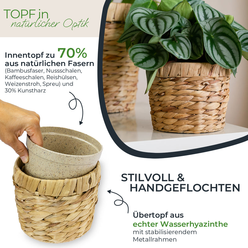 HMF 37280-14CM-S2 Nachhaltiger Blumentopf rund geflochten aus nachwachsenden Rohstoffen 2er Set 14 cm Durchmesser